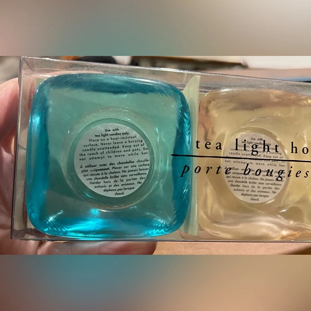 VTG Set of 3 Pier 1 Imports Glass Tea Light Holders Blue Pink Green NIB